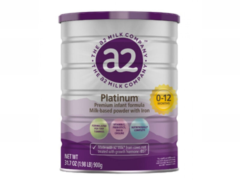Can of a2 platinum infant formula with purple accents on a white background.