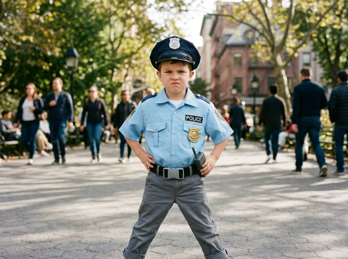 Young boy wearing a police uniform with hands on hips in a park setting