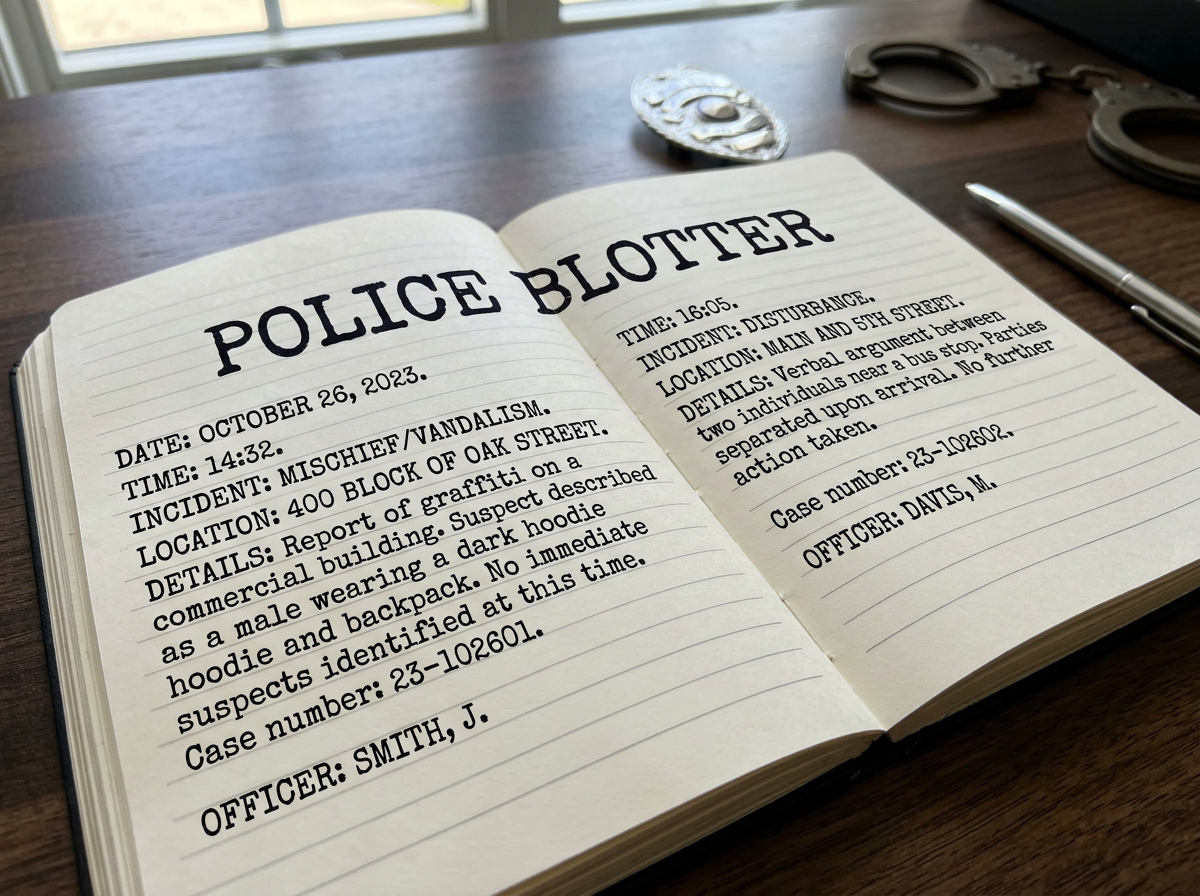 Open police blotter notebook showing reports of mischief/vandalism and disturbance incidents