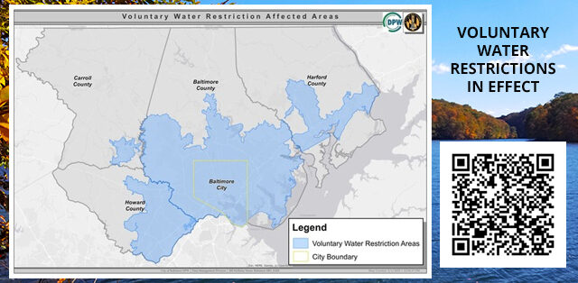 Map of voluntary water restriction areas beside a QR code and bold notice text.