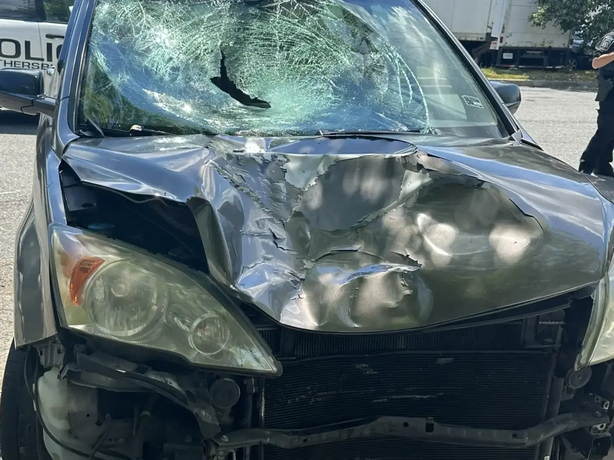 Front of a crushed SUV with a shattered windshield and smashed hood in a parking lot.