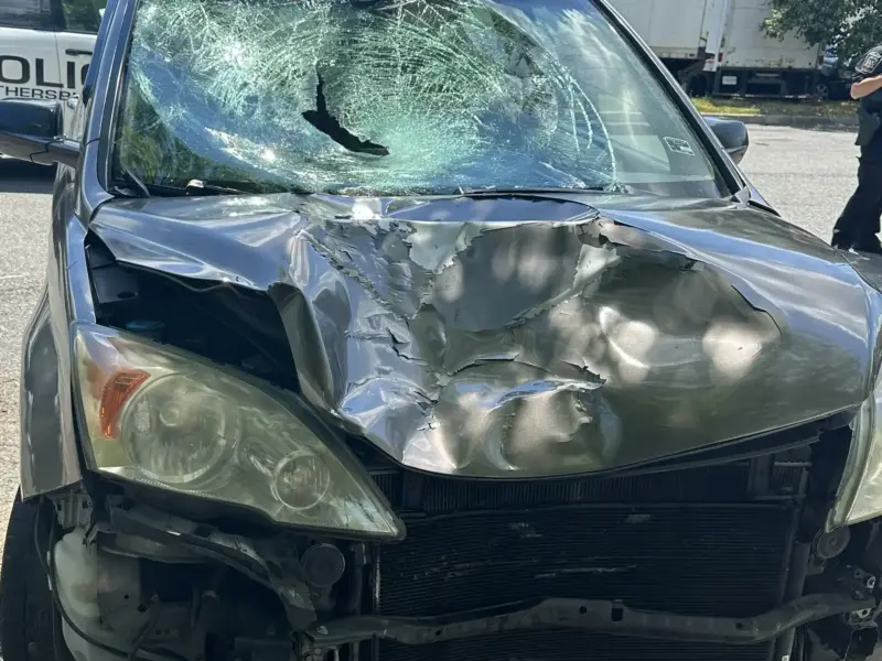 Front of a crushed SUV with a shattered windshield and smashed hood in a parking lot.