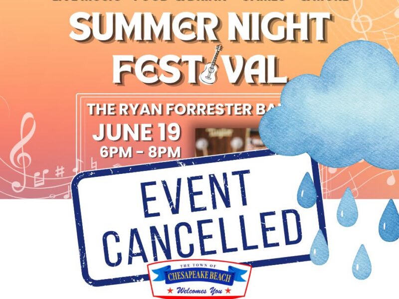 Summer Night Festival poster with an event cancelled sign over music-themed graphics.