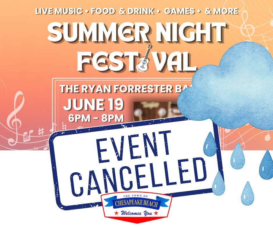 Summer Night Festival poster with an event cancelled sign over music-themed graphics.