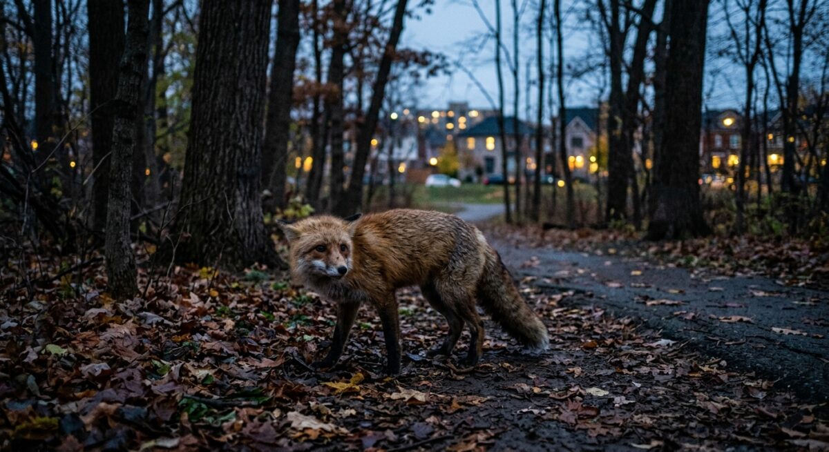 A wild fox with slightly disheveled fur standing in an urban park setting at dusk, surrounded by dense trees and fallen leaves, with a blurred city neighborhood visible in the background. The fox appears disoriented, its posture subtly tense and unnatural, conveying a sense of danger. Moody, dim natural lighting with cool blue and amber tones. Photorealistic editorial wildlife photography style.
