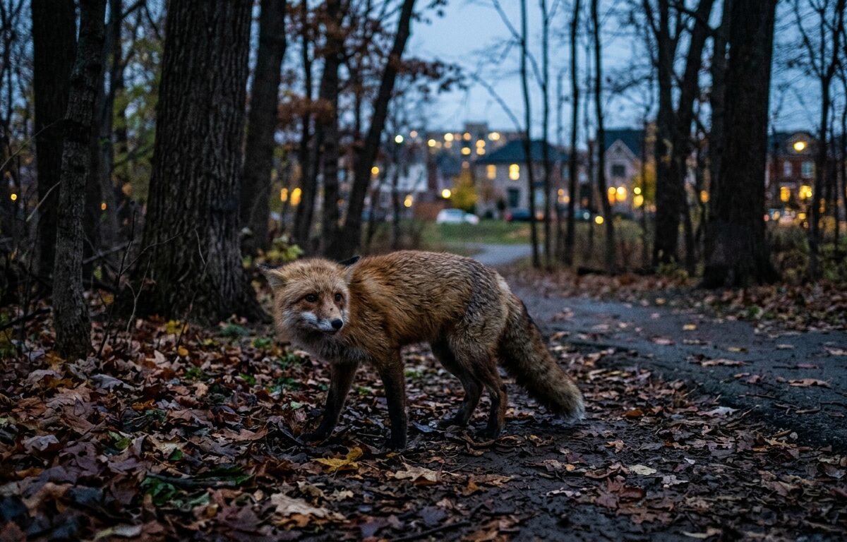 A wild fox with slightly disheveled fur standing in an urban park setting at dusk, surrounded by dense trees and fallen leaves, with a blurred city neighborhood visible in the background. The fox appears disoriented, its posture subtly tense and unnatural, conveying a sense of danger. Moody, dim natural lighting with cool blue and amber tones. Photorealistic editorial wildlife photography style.