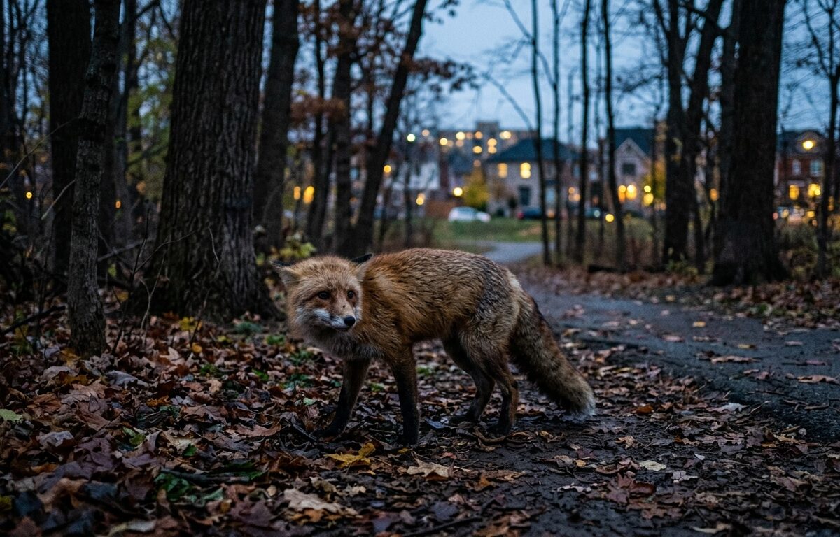 A wild fox with slightly disheveled fur standing in an urban park setting at dusk, surrounded by dense trees and fallen leaves, with a blurred city neighborhood visible in the background. The fox appears disoriented, its posture subtly tense and unnatural, conveying a sense of danger. Moody, dim natural lighting with cool blue and amber tones. Photorealistic editorial wildlife photography style.