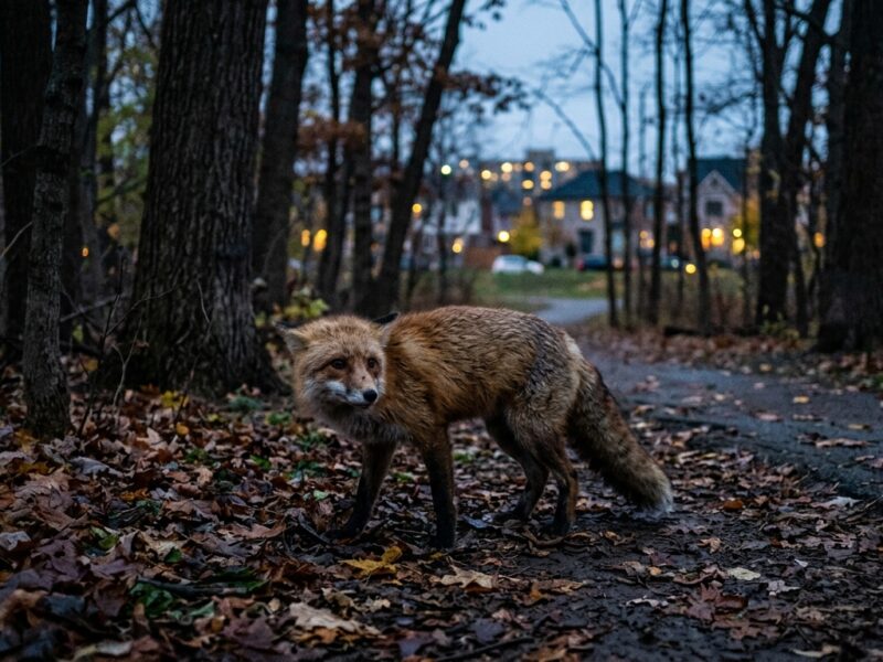 A wild fox with slightly disheveled fur standing in an urban park setting at dusk, surrounded by dense trees and fallen leaves, with a blurred city neighborhood visible in the background. The fox appears disoriented, its posture subtly tense and unnatural, conveying a sense of danger. Moody, dim natural lighting with cool blue and amber tones. Photorealistic editorial wildlife photography style.