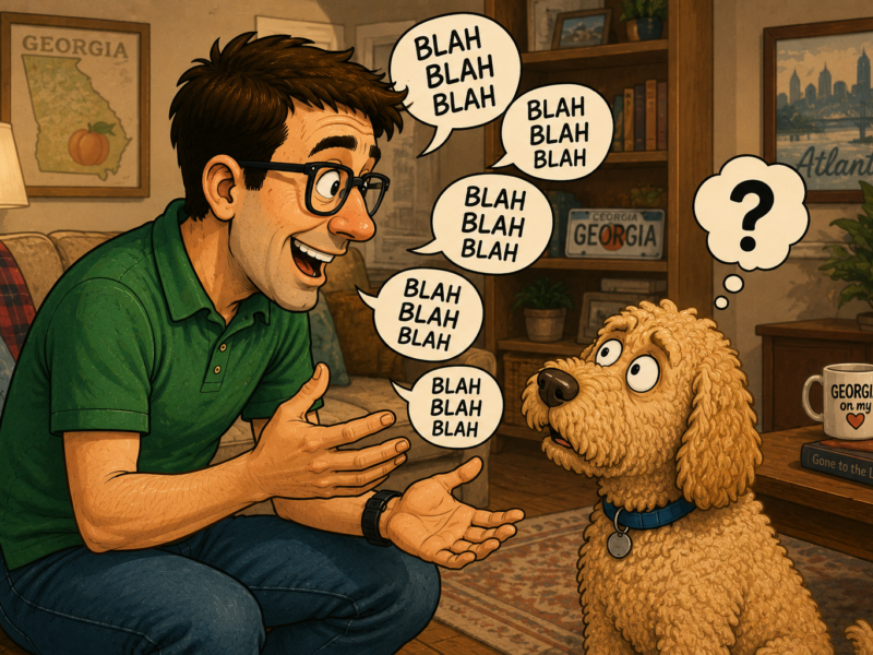 Cartoon man talks animatedly to a puzzled dog in a cozy Georgia-themed living room.