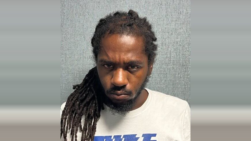 Serious man with dreadlocks wearing a white T-shirt against a gray wall.