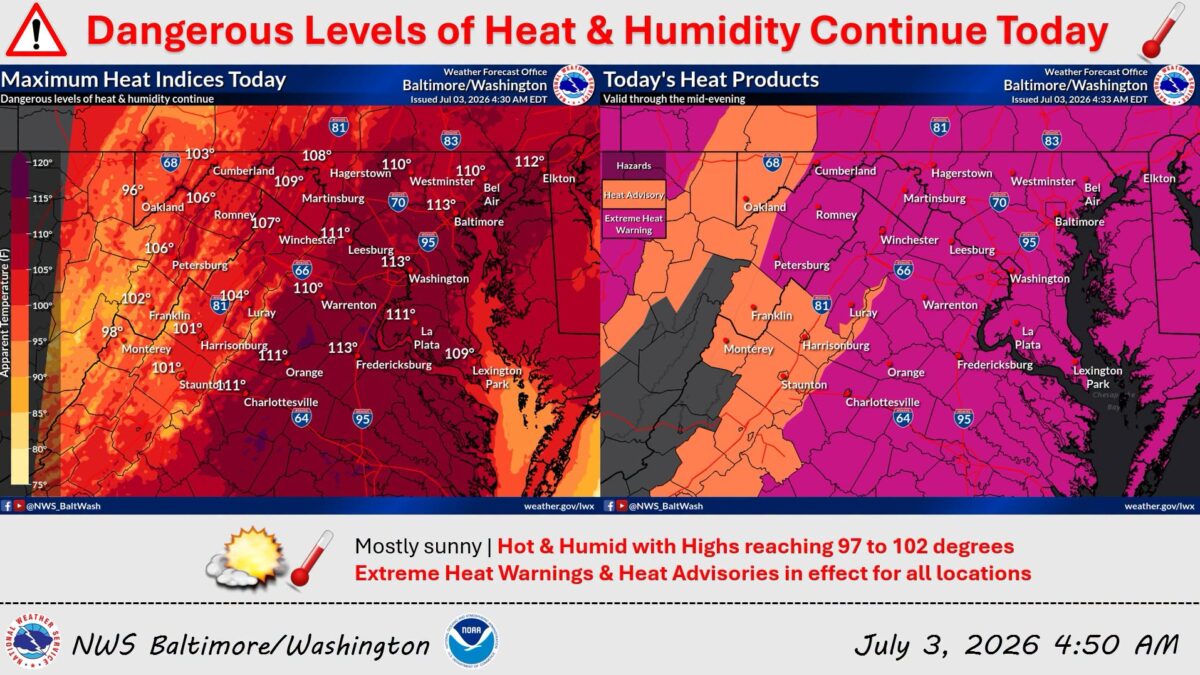 Weather map warning of dangerous heat and humidity with maximum heat indices across Baltimore/Washington.