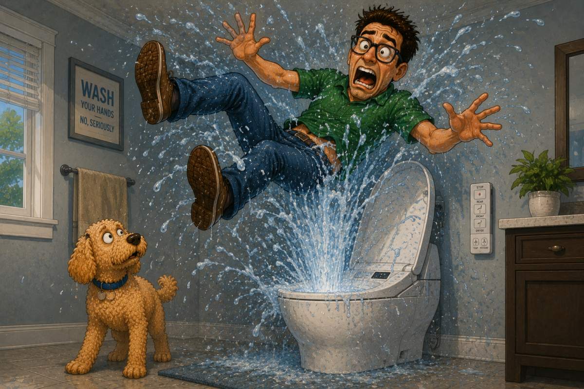Man is blasted out of a toilet by a powerful geyser while a dog watches in a bathroom.