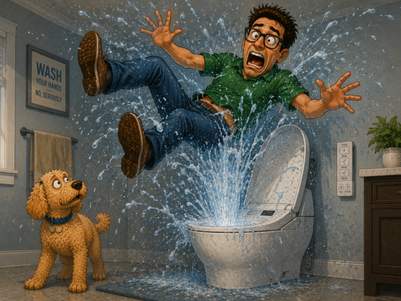 Man is blasted out of a toilet by a powerful geyser while a dog watches in a bathroom.