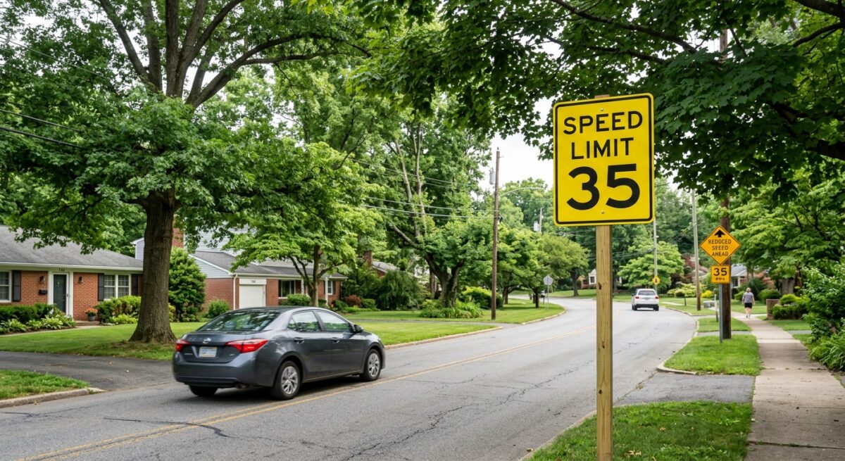 A suburban two-lane road lined with mature trees and residential neighborhoods, showing a newly installed bright yellow speed limit sign reading "35" with a reduced speed ahead warning sign visible in the background, soft natural daylight illuminating the scene, photorealistic editorial style, slight motion blur on a passing car suggesting traffic calming, lush green tree canopy overhead, American suburban road setting