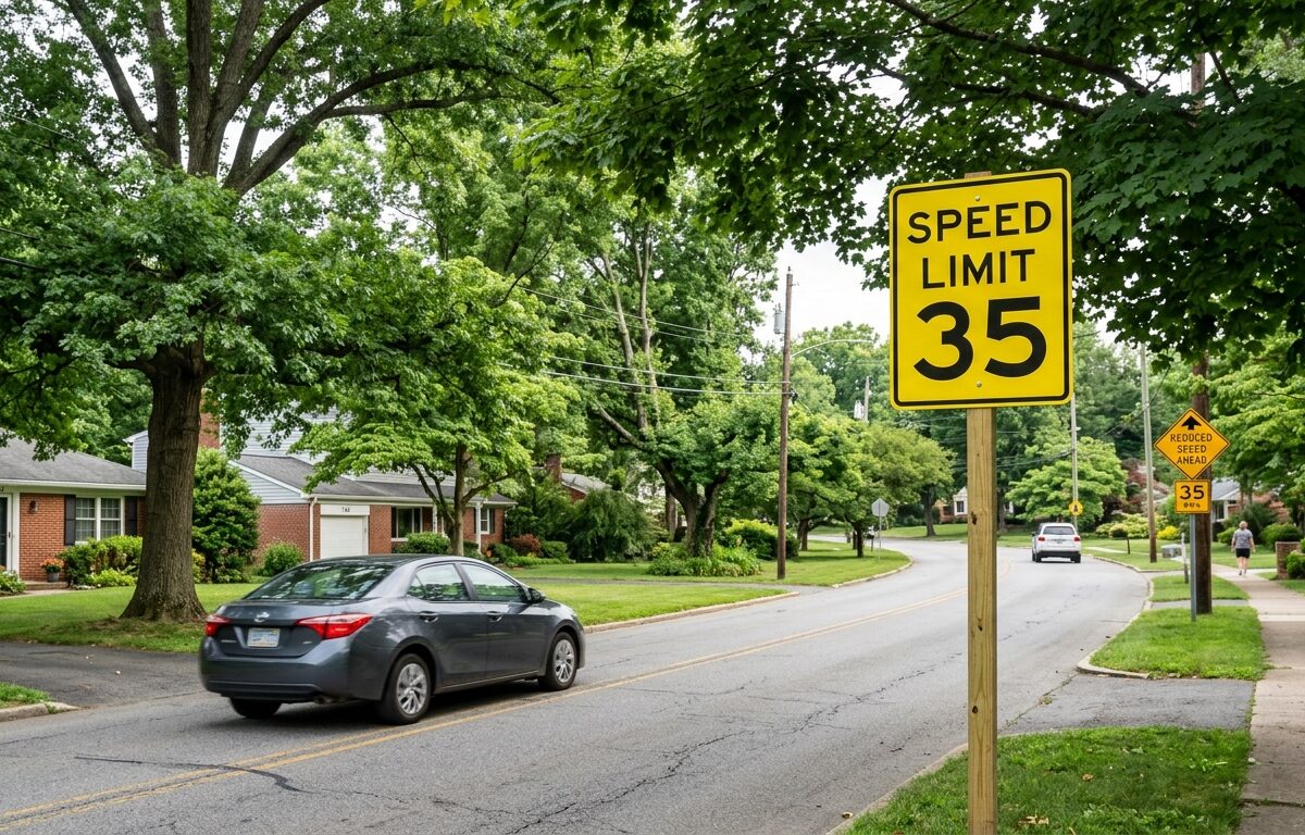 A suburban two-lane road lined with mature trees and residential neighborhoods, showing a newly installed bright yellow speed limit sign reading "35" with a reduced speed ahead warning sign visible in the background, soft natural daylight illuminating the scene, photorealistic editorial style, slight motion blur on a passing car suggesting traffic calming, lush green tree canopy overhead, American suburban road setting