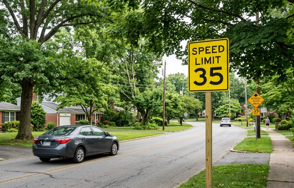 A suburban two-lane road lined with mature trees and residential neighborhoods, showing a newly installed bright yellow speed limit sign reading "35" with a reduced speed ahead warning sign visible in the background, soft natural daylight illuminating the scene, photorealistic editorial style, slight motion blur on a passing car suggesting traffic calming, lush green tree canopy overhead, American suburban road setting