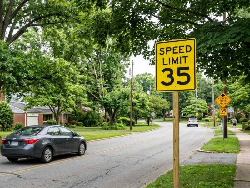 A suburban two-lane road lined with mature trees and residential neighborhoods, showing a newly installed bright yellow speed limit sign reading "35" with a reduced speed ahead warning sign visible in the background, soft natural daylight illuminating the scene, photorealistic editorial style, slight motion blur on a passing car suggesting traffic calming, lush green tree canopy overhead, American suburban road setting