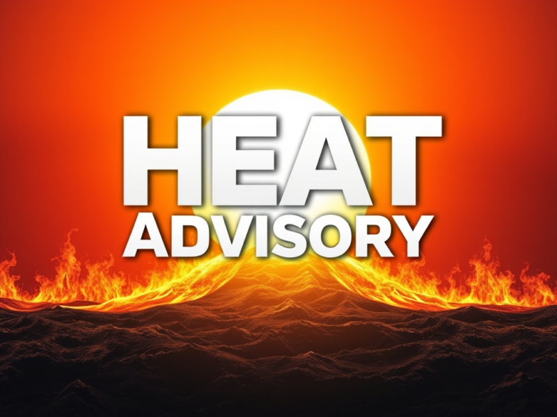 Heat advisory warning over blazing sunset and flames above dark waves.