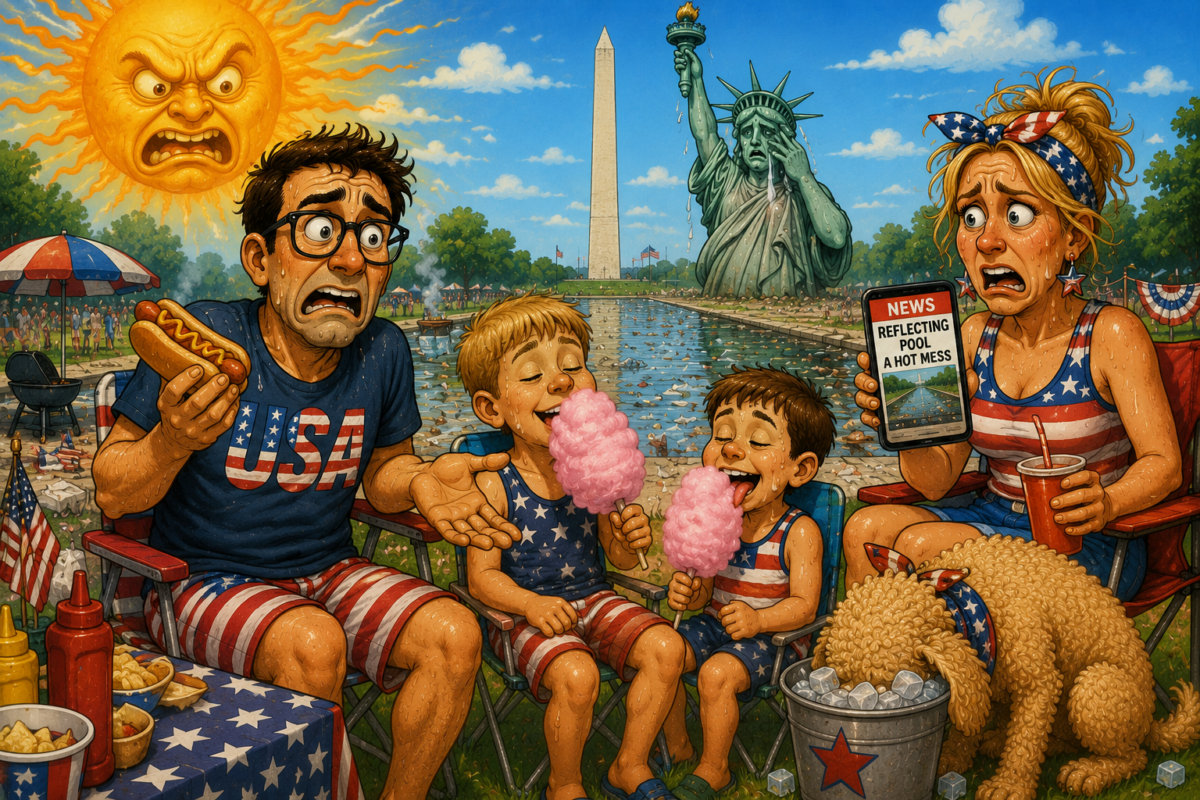 Cartoonishly shocked family at a patriotic picnic with cotton candy, Statue of Liberty, and Washington Monument in the backgr