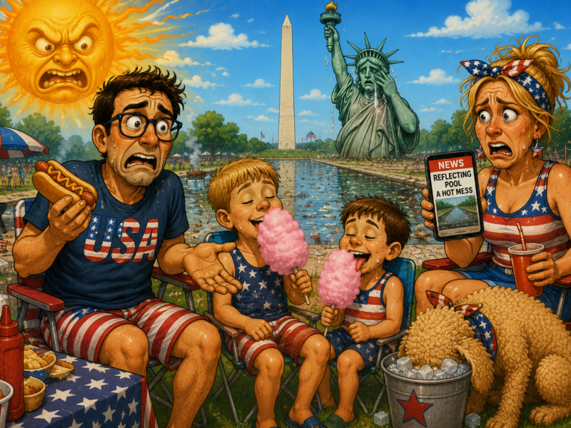 Cartoonishly shocked family at a patriotic picnic with cotton candy, Statue of Liberty, and Washington Monument in the backgr