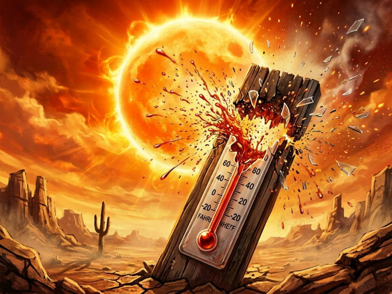 Thermometer breaking from intense heat with a blazing sun in dry desert