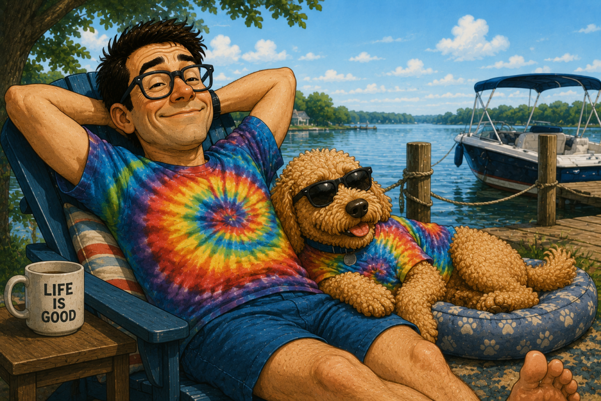Man relaxing on a dock chair with a dog in matching tie-dye shirts beside a lake and boat.