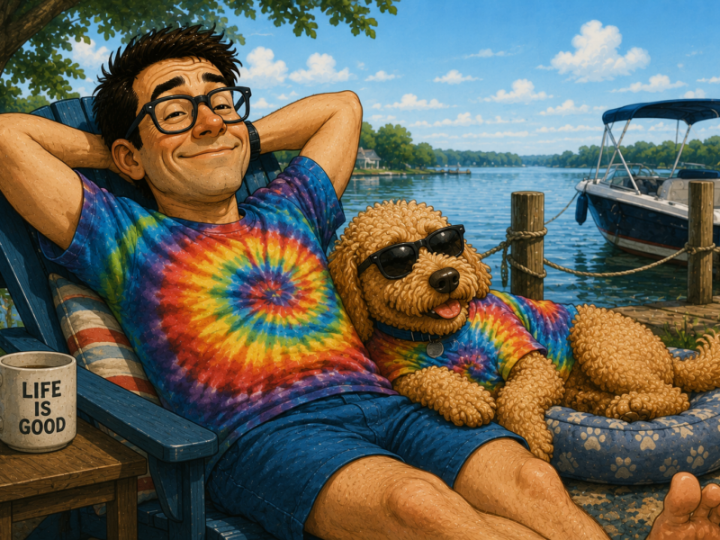 Man relaxing on a dock chair with a dog in matching tie-dye shirts beside a lake and boat.