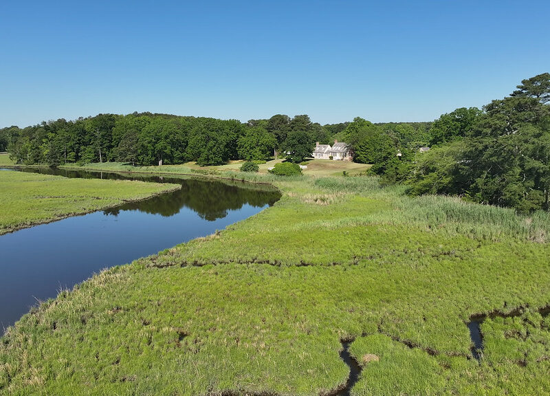Curving river through green marshland with trees, a distant house, and a clear blue sky.
