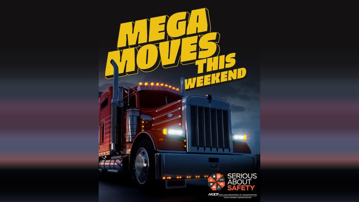 Red semi truck at dusk with bold yellow text reading "MEGA MOVES THIS WEEKEND"