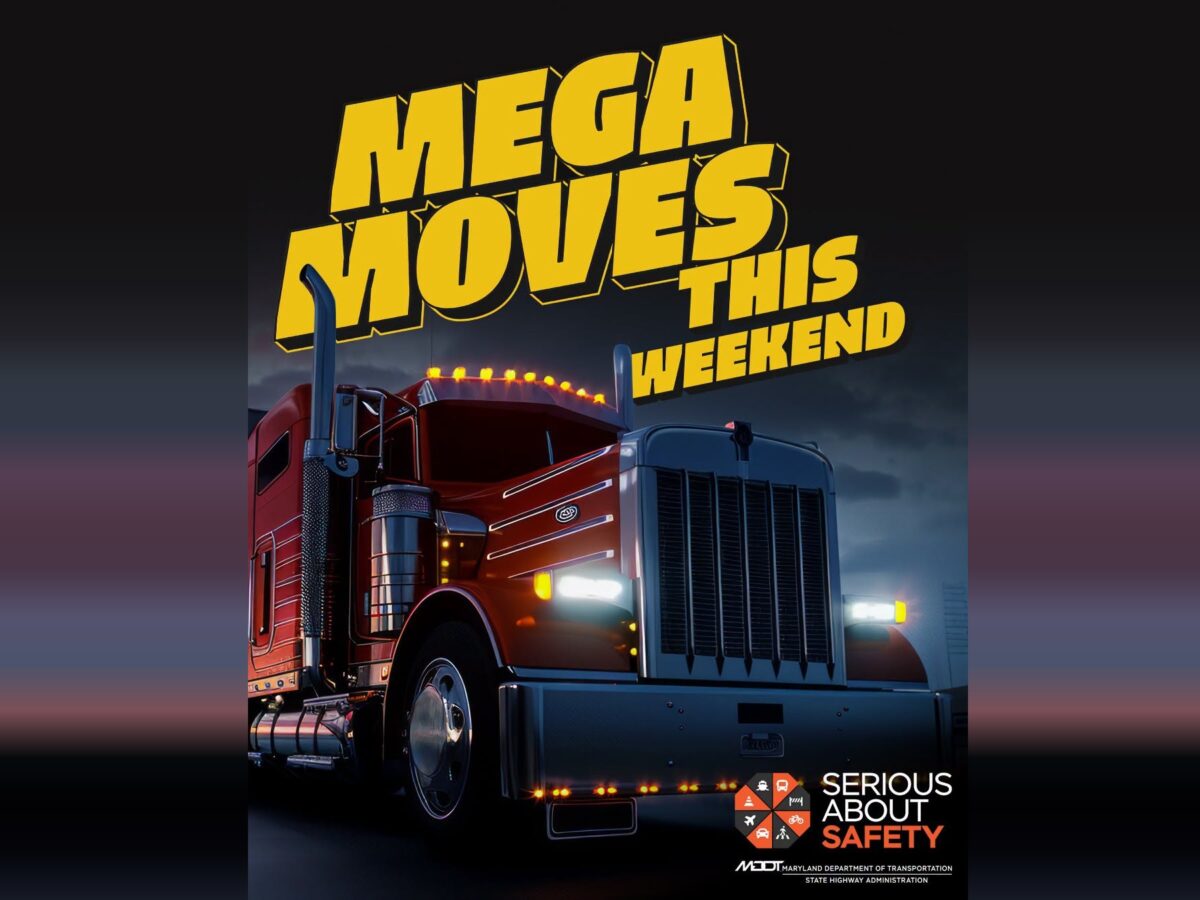 Red semi truck at dusk with bold yellow text reading "MEGA MOVES THIS WEEKEND"