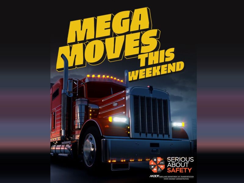 Red semi truck at dusk with bold yellow text reading "MEGA MOVES THIS WEEKEND"