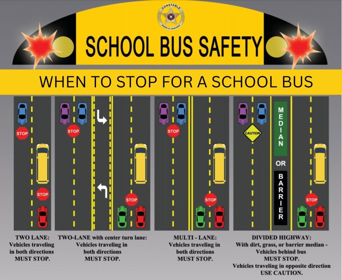 School bus safety chart showing when vehicles must stop for a bus on different road layouts.