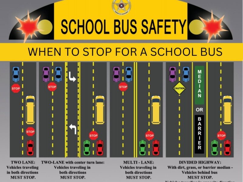 School bus safety chart showing when vehicles must stop for a bus on different road layouts.