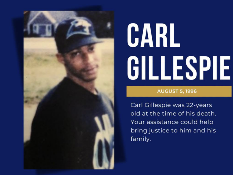 Memorial poster for Carl Gillespie with his photo, name, and date August 5, 1996.