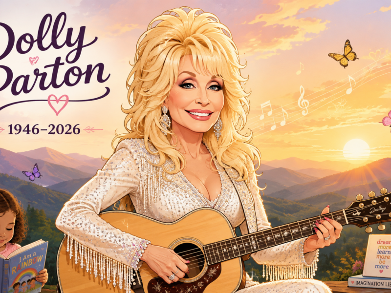 Illustrated Dolly Parton playing guitar at sunset with memorial text and butterflies