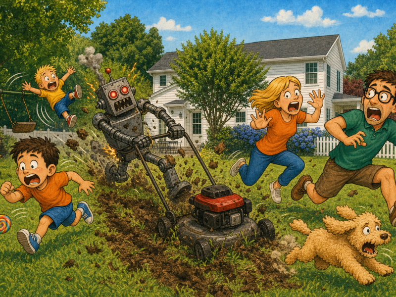Robot mower chases a family and a dog across a backyard, with children and adults fleeing in panic.