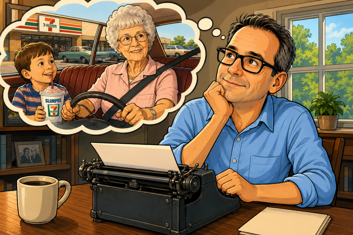 Man at a typewriter daydreams about driving with his grandmother and a child at a convenience store.
