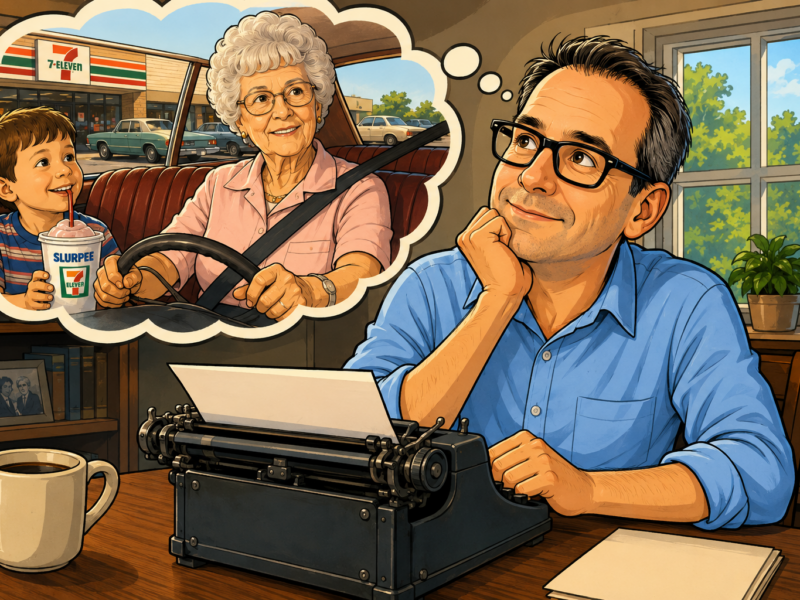 Man at a typewriter daydreams about driving with his grandmother and a child at a convenience store.