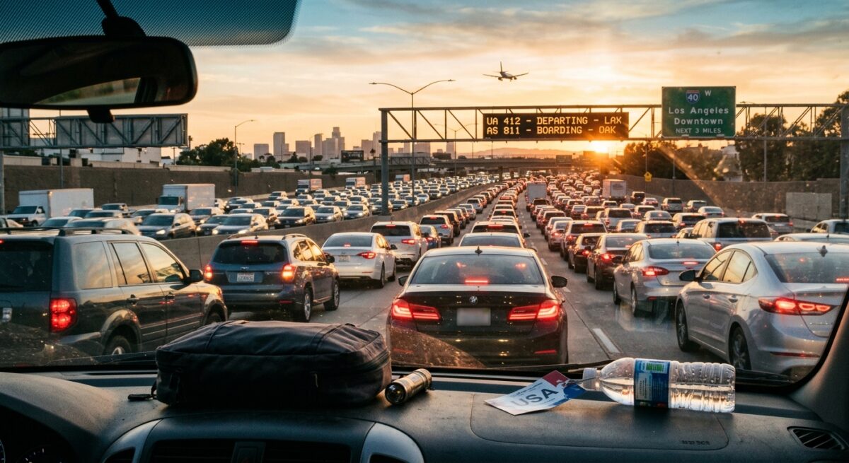 a wide angle editorial photograph of a busy american highway during golden hour