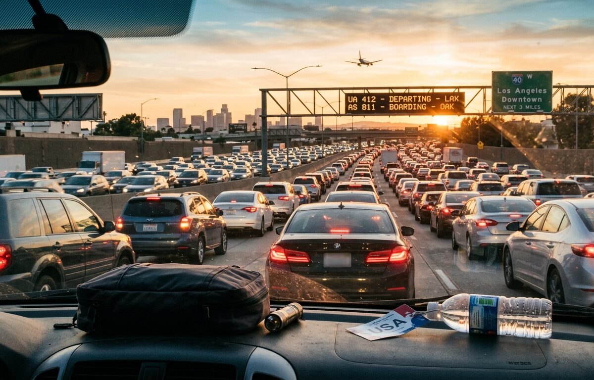 a wide angle editorial photograph of a busy american highway during golden hour