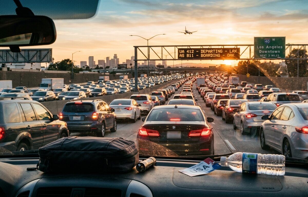 a wide angle editorial photograph of a busy american highway during golden hour