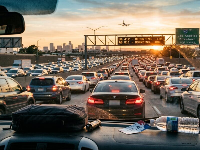 a wide angle editorial photograph of a busy american highway during golden hour