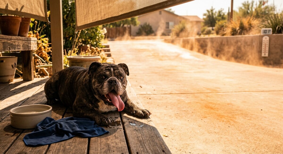 Brindle bulldog lies on a shaded porch with its tongue out beside a bowl and towel.
