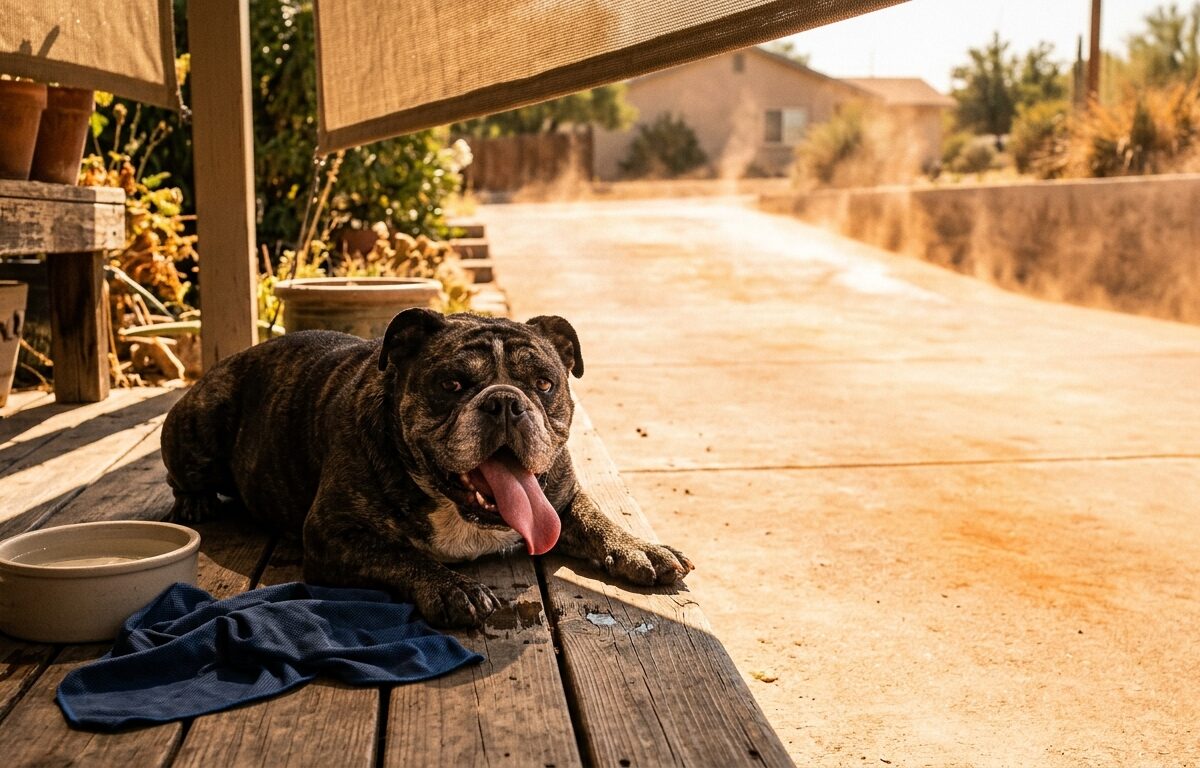 Brindle bulldog lies on a shaded porch with its tongue out beside a bowl and towel.