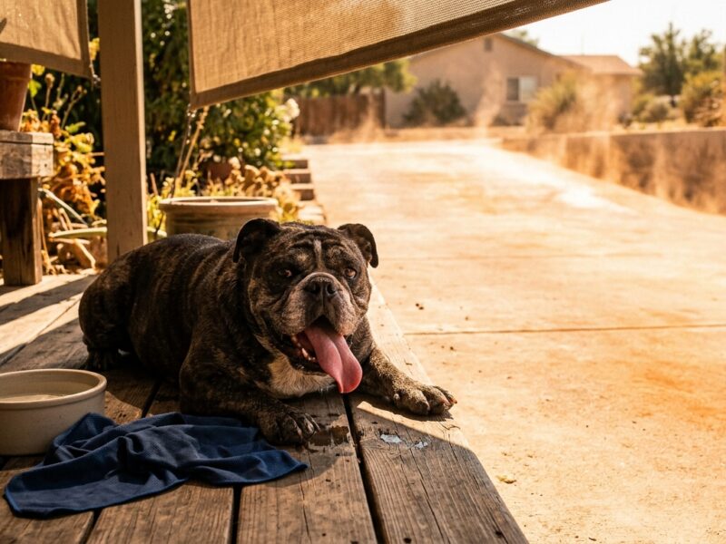 Brindle bulldog lies on a shaded porch with its tongue out beside a bowl and towel.