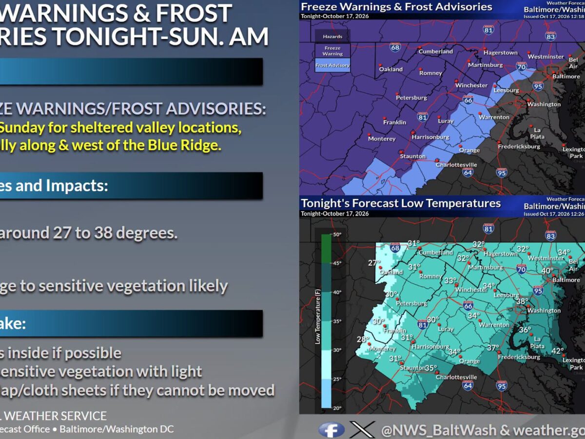 National Weather Service freeze warnings and frost advisories graphic with low temperature maps.