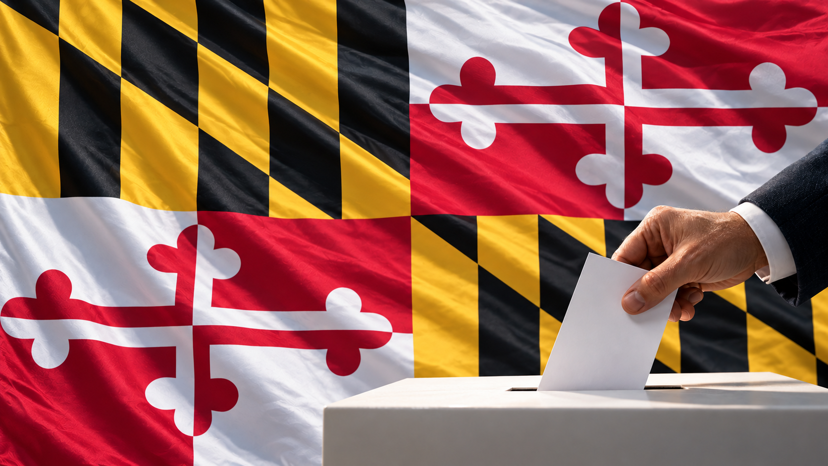 Hand places a ballot into a box before a Maryland state flag backdrop.