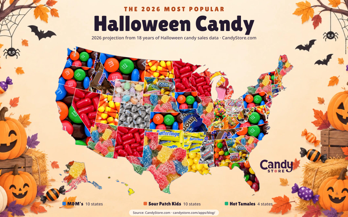 Colorful candy-filled map of the United States with Halloween decorations and pumpkins around the border.